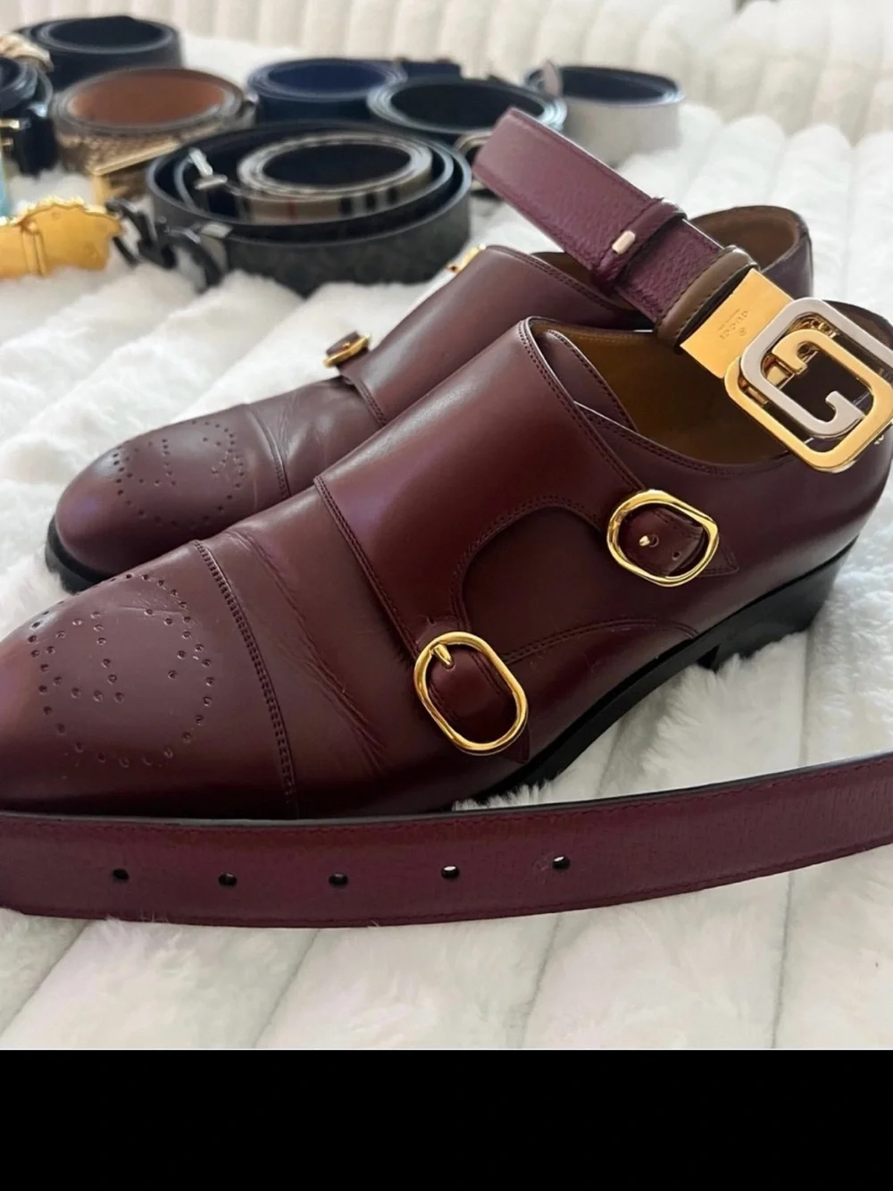 Gucci Two-Tone Gold & Silver Interlocking G Belt with Burgundy or brown Leather